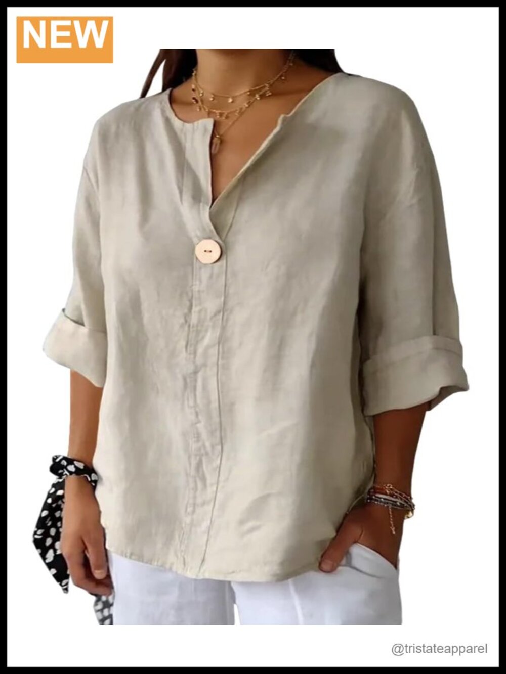 Plus Size Linen Cotton 3/4 Sleeve V-Neck Blouse Shirt Women's